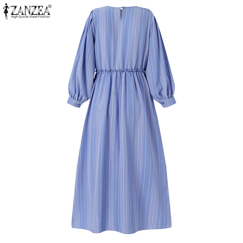 Zanzea Đầm Dài Tay Phồng Họa Tiết Sọc Thời Trang Dành Cho Nữ