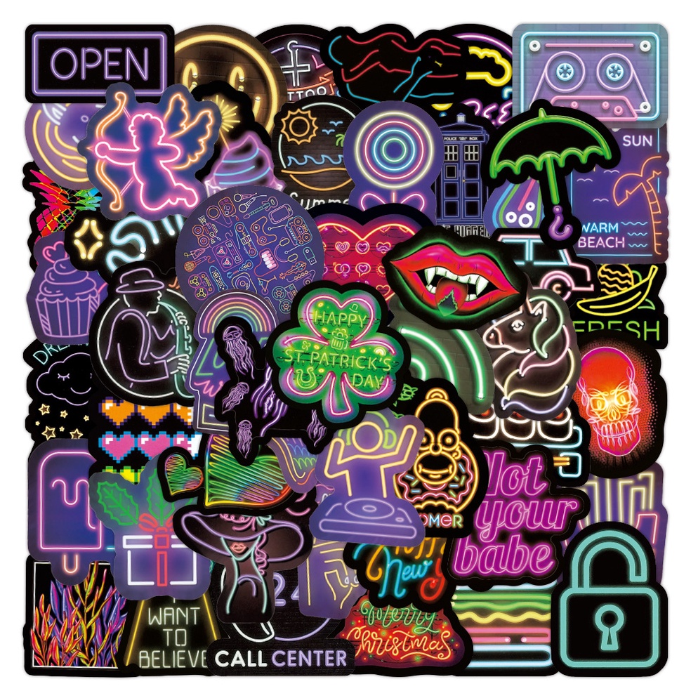 50 Sticker Neon dạ quang/ tiệc tùng cute chống nước dán laptop, hình dán mũ bảo hiểm, dán xe, điện thoại, mã 108