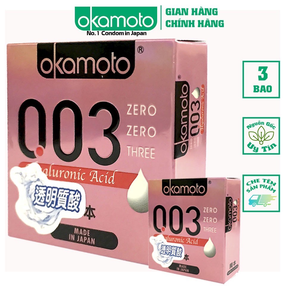 Bao Cao Su Okamoto 0.03 Hyaluronic Acid, Siêu Mỏng, Dưỡng Ẩm Và Bôi Trơn (Hộp 3C)