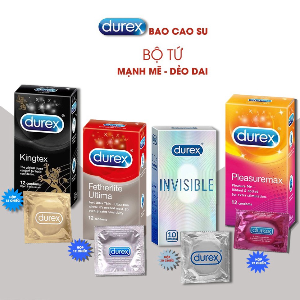 [Bộ Tứ Siêu Đẳng] Bao cao su Durex Performa, BCS Fertherlite Siêu Mỏng, Pleasuremax Gai Nhỏ Liti, iNViSiBLE Mỏng Ôm Sát