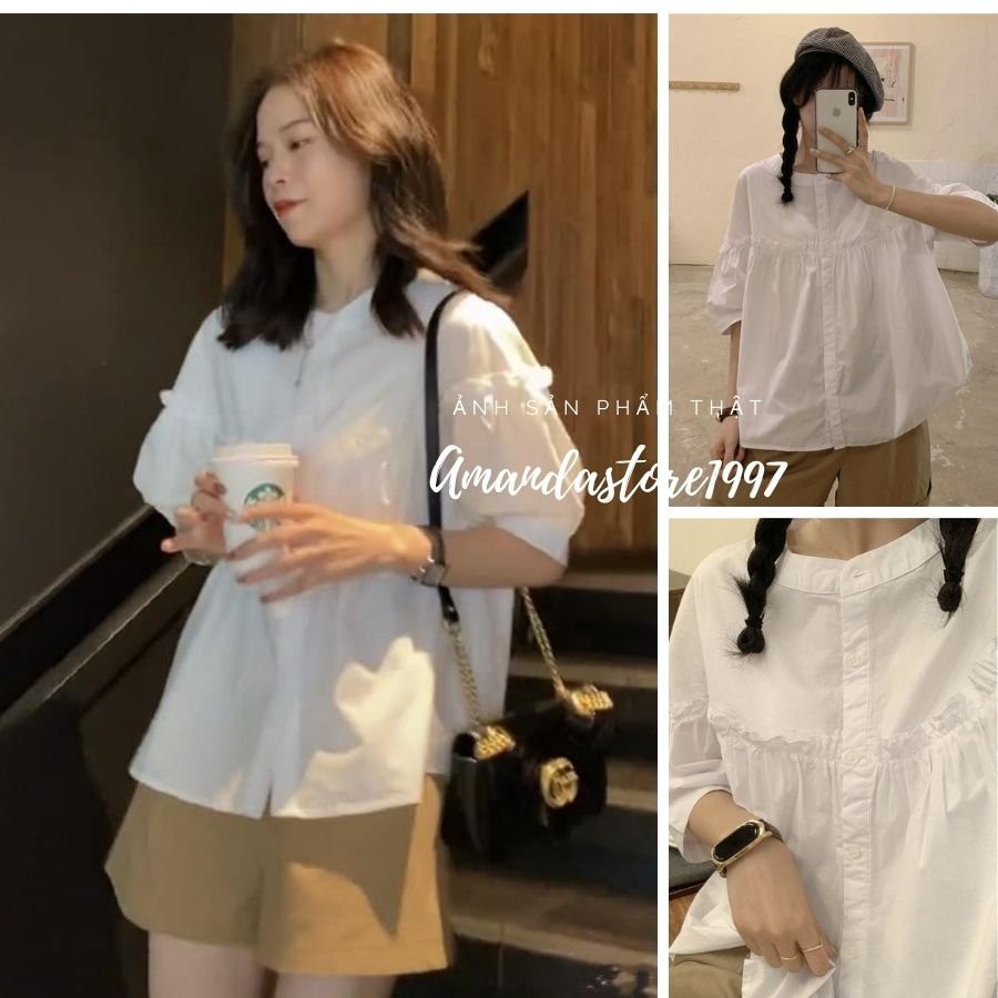 Set áo sơ mi ngắn tay trắng kèm quần chun nâu. Set bộ nữ babydoll