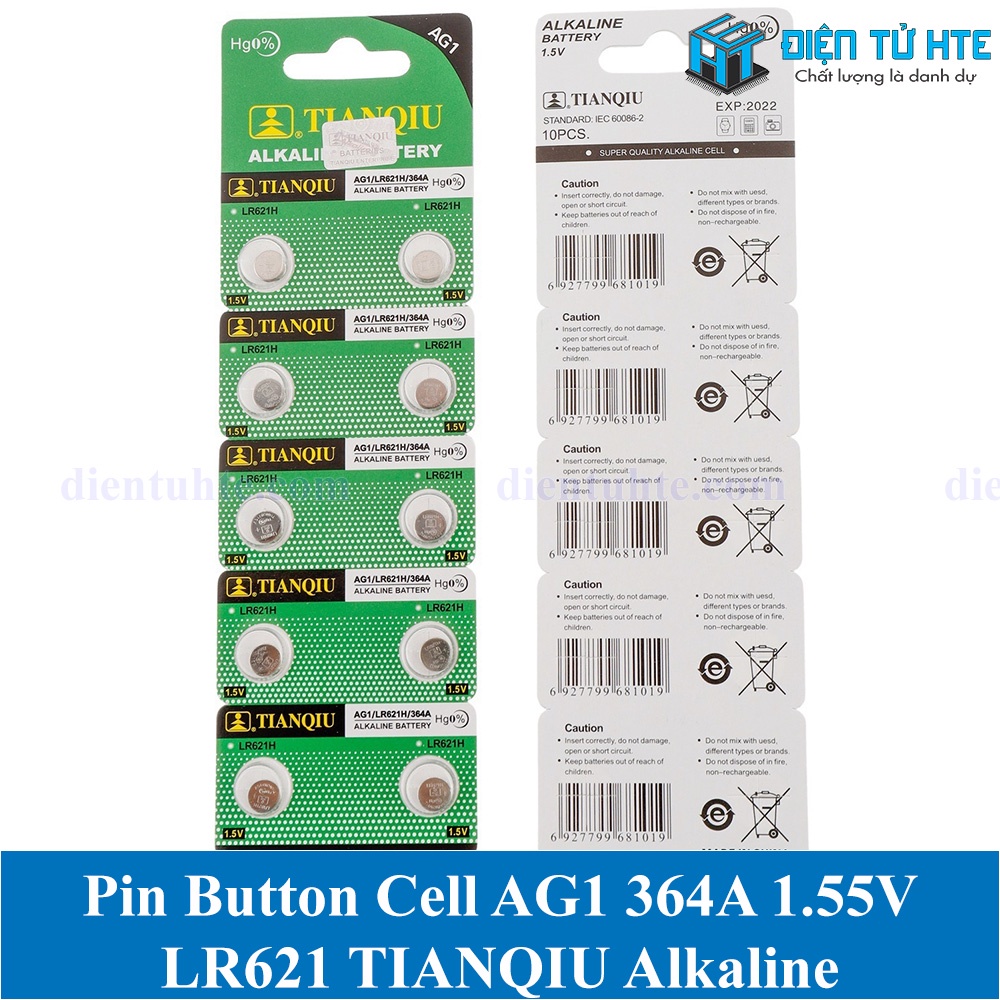 Pin cúc áo TIANQIU AG1 LR621 364A SR621 1.55V Alkaline (Trong vỉ)
