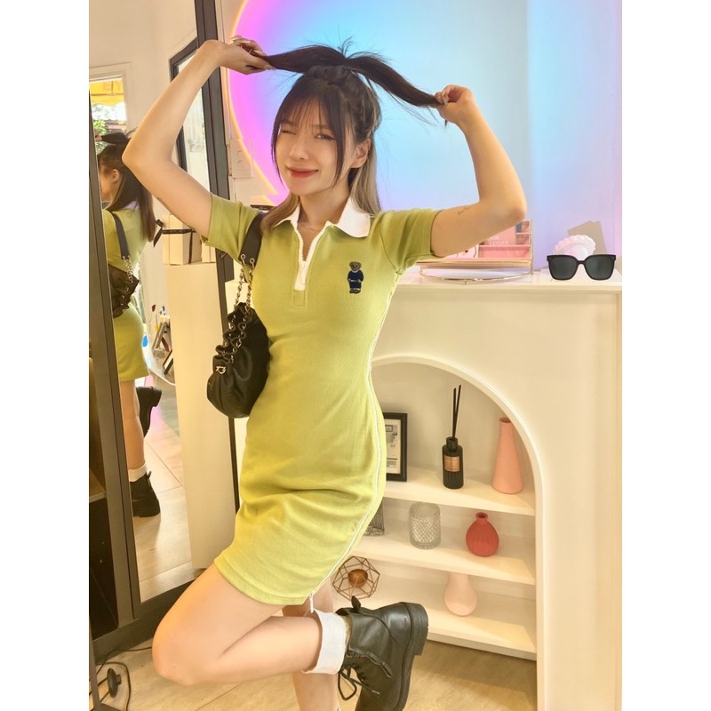 MONÁ - Đầm polo dây kéo có cổ ôm body chất thun gân Hàn Quốc - CUNCUN DRESS - XANH BƠ | BigBuy360 - bigbuy360.vn