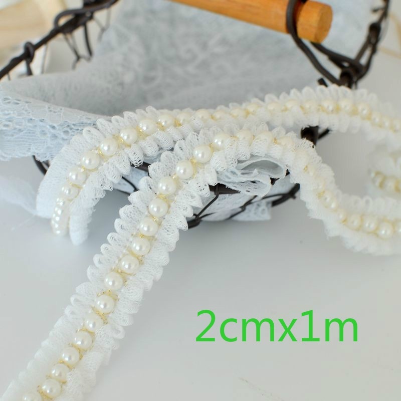 Cuộn dây ren đính ngọc trai nhân tạo 2cmx1m màu trắng làm tay áo / cổ áo / băng đô / may vá thủ công