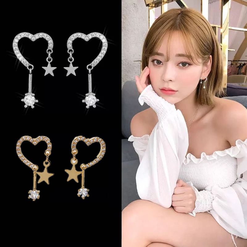 Khuyên Tai Mạ Bạc 925 Thiết Kế Hình Ngôi Sao / Trái Tim Phong Cách Hàn Quốc