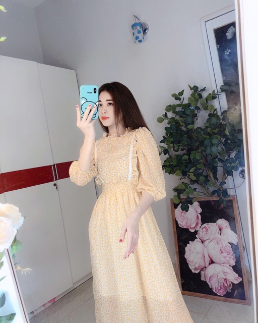 Đầm hoa nhí tay phồng tiểu thư viền ren