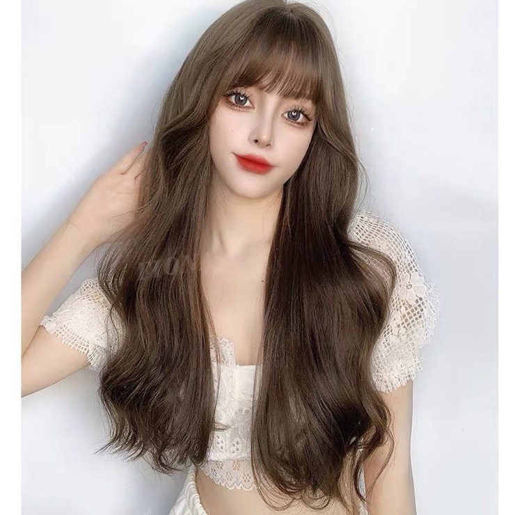 Tóc giả nguyên đầu xoăn dài có mái phong cách Hàn Quốc