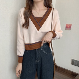 Áo len tay dài cổ V dáng rộng thời trang màu thu