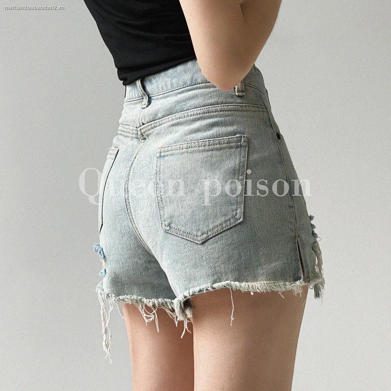 ☊☏European and American ins irregular ripped raw edge denim shorts female 2021 summer new sexy high-waisted thin A-line hot pants