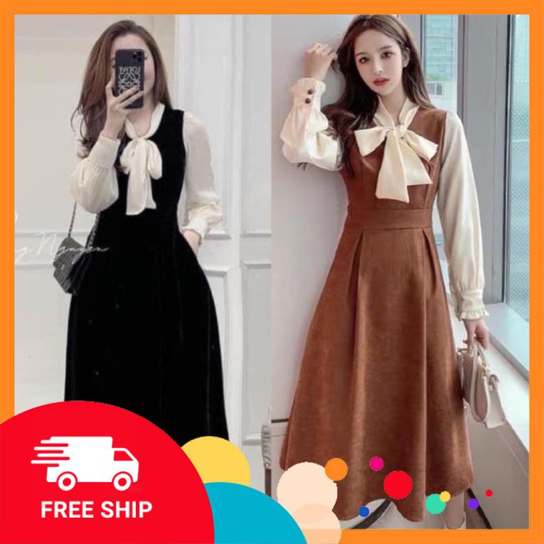 Đầm Dự Tiệc - Váy Dự Tiệc Chất Dạ Nhung Phối Tay Voan Kèm Nơ Sang Chảnh