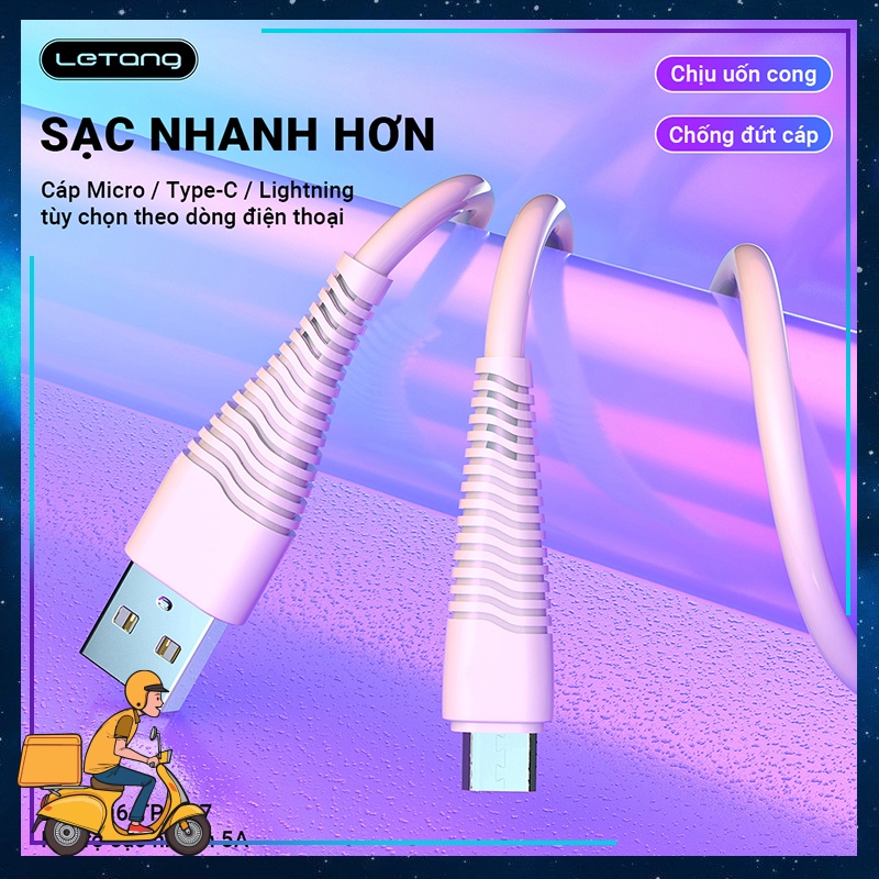 Dây sạc nhanh 5A LETANG LT-V8-i6-TPC-27 chất liệu nhựa TPE cao cấp chống đứt cáp, độ bền cao, hỗ trợ sạc nhanh 5A