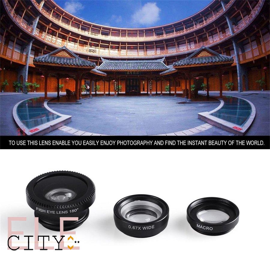 Lens mắt cá góc rộng hình tròn dạng kẹp 3 trong 1 cho camera di động