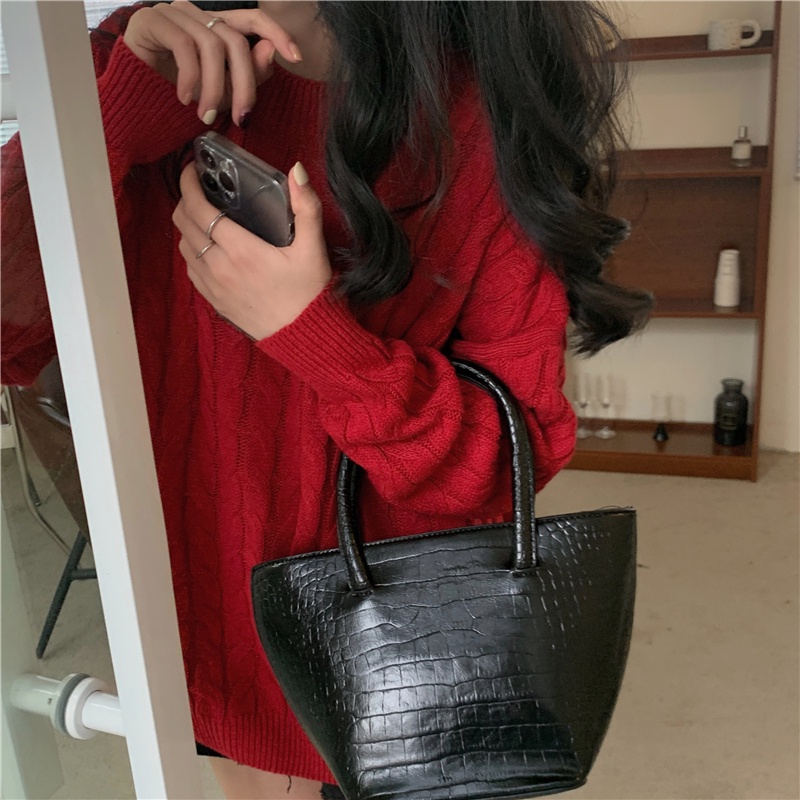 SUXI Áo len màu trơn dáng rộng cổ tròn thời trang phong cách retro dành cho nữ