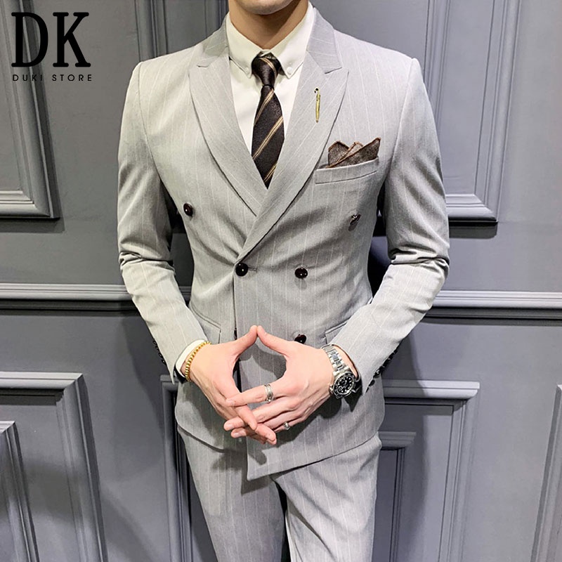 [SALE 50%] Bộ vest nam 6 nút Hàn Quốc sọc kẻ màu ghi đẹp DKE0041 - DUKI STORE