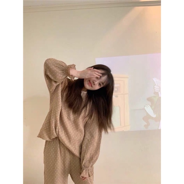 [SẴN] Bộ ngủ xô muslin hoạ tiết chấm bi tay bo tiểu thư | BigBuy360 - bigbuy360.vn