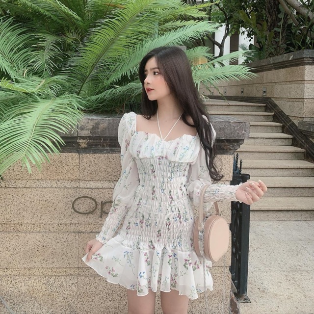 Đầm hoa nhún eo cột dây cổ tay dài Sweet tea baby freesize new 99% còn tag