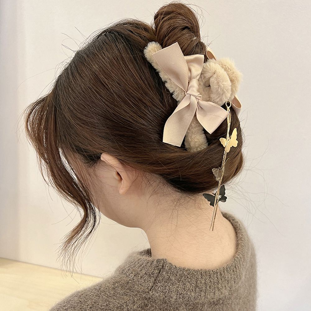[Hàng giao ngay]Kẹp tóc lông xù dáng dài đính ngọc trai giả đáng yêu thời trang mùa thu