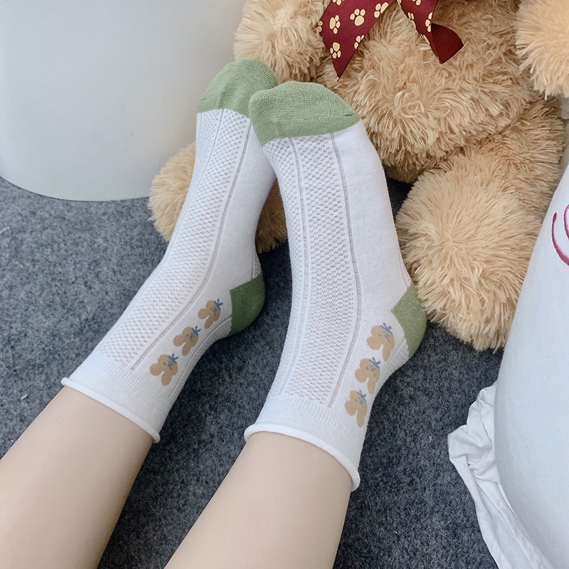 1 Đôi Tất Cotton Ngang Bắp Chân In Họa Tiết Thỏ Hoạt Hình Phối Ren Trắng Xanh Lá Thời Trang Mùa Thu Cho Nữ