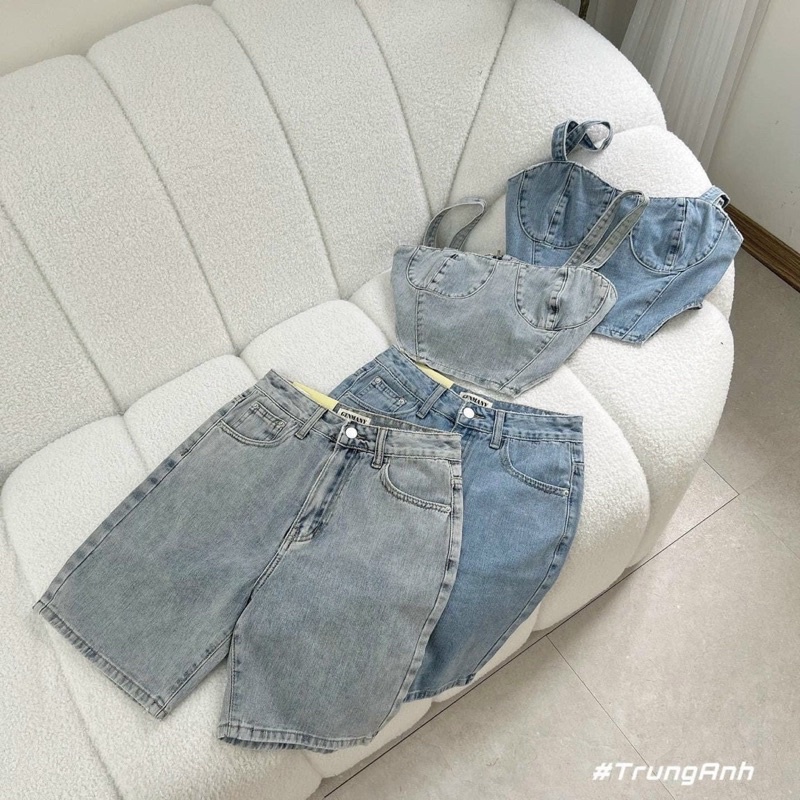 Set Bộ Jean Nguyên Cây Áo Cúp Ngực Dây Bản To Kèm Quần Ngố