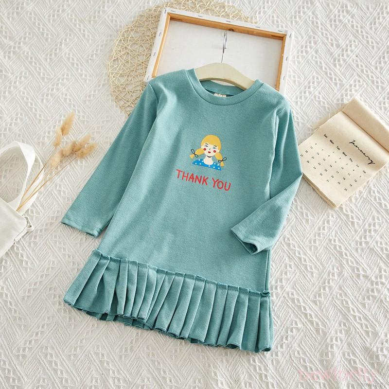 Korean Girls Cotton Dress Kids Spring Autumn Cute Cartoon Print Princess Long-Sleeved Sweet Dress
