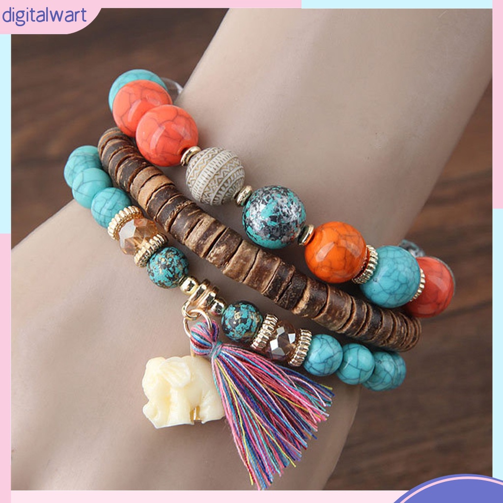 Set 3 Vòng Tay Chuỗi Hạt Nhựa Nhiều Lớp Phong Cách Bohemia Cho Nữ