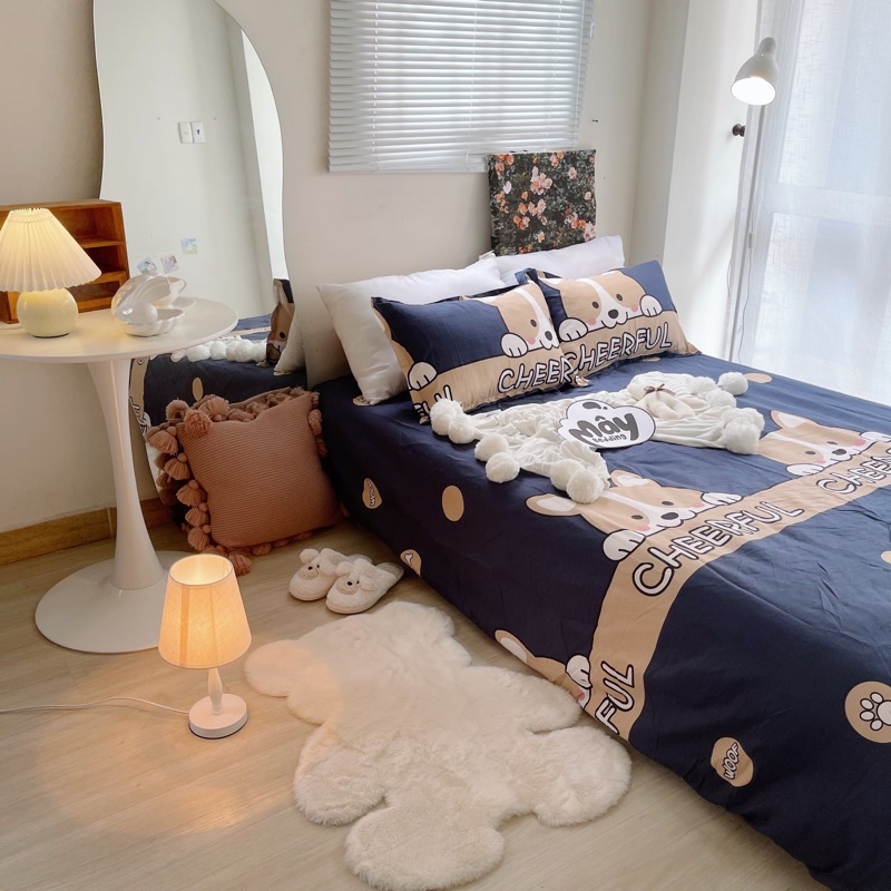 Bộ ga gối Cotton Poly màu cam đào hoạ tiết trái tim khủng long cá heo bò sữa MÂY BEDDING