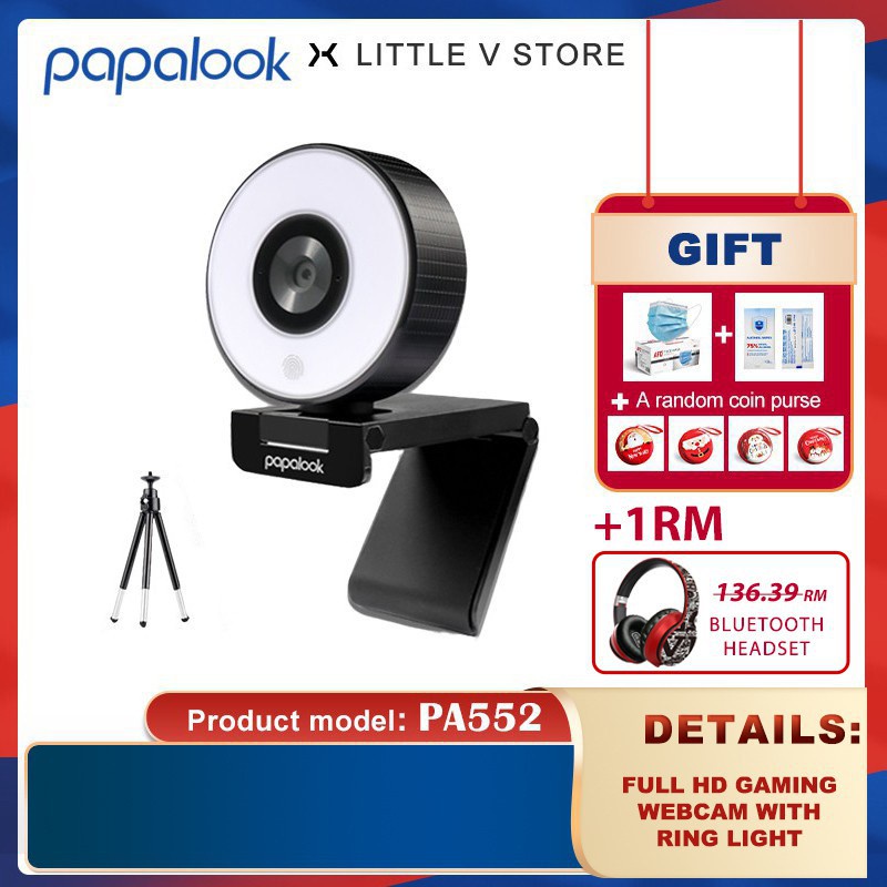 Webcam PAPALOOK PA552 phát trực tiếp game có vòng đèn FHD 1080p 30fps và micro kép + tripod cho Windows 7/8/10 Mac