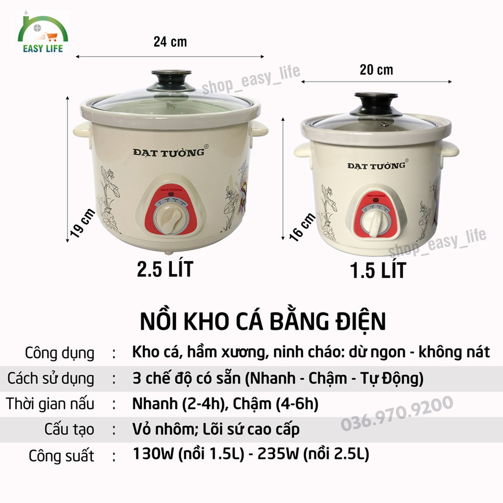 Chính HãngNồi Kho Cá- Nấu Cháo Chậm Đa Năng Đạt Tường 1,5L-2,5L