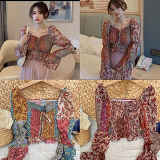 Áo croptop hoa nhí ngắn tay dài , áo kiểu hoa trễ vai tay phồng