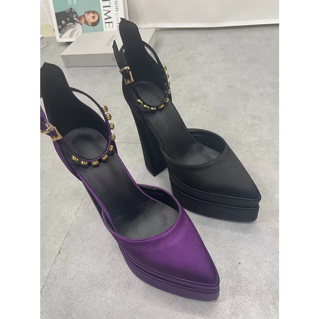 Giày Cao Gót Sandal Cao Gót Bằng Satin Dày Dặn Mũi Nhọn Chống Nước Thời Trang Mùa Hè Dành Cho Nữ 2022