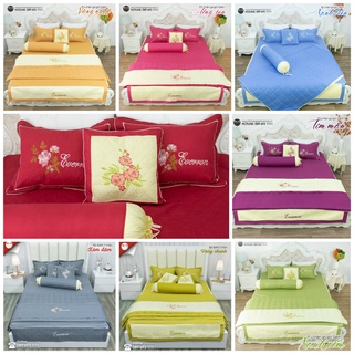 Bộ Ga Phủ Satin Thêu Hoa Chần Bông Dày Dặn Mới , chăn ga gối chần bông everron