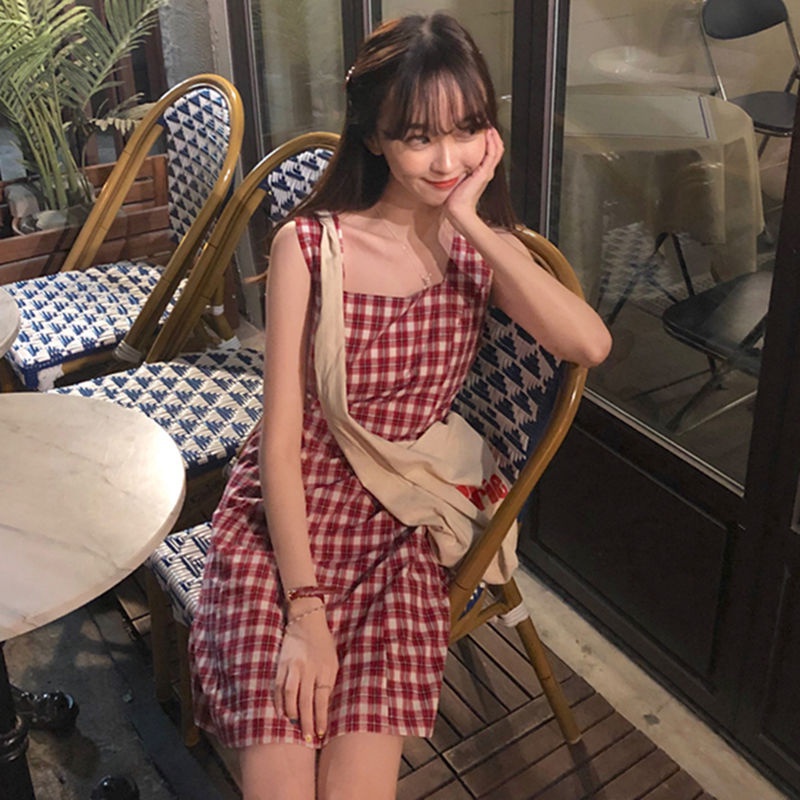 Summer Korean Style New Lace-up Waist Hugging Slim Retro PlaidAWomen's Student Sling Dress