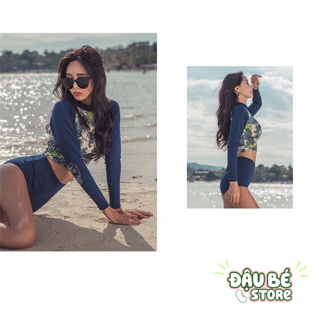 Bikini Đi Biển 2 Mảnh Họa Tiết Hoa - Đồ Bơi Nữ Croptop Dài Tay Quần Đùi Thun Lạnh Co Giãn Thời Trang Hàn Quốc -DB- B014
