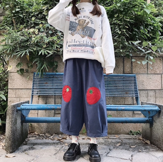 [Order] Quần cạp cao ống rộng cà chua phong cách ulzzang siêu kute học sinh quần vá gối hình chuối đào gấu trai tim hoa | BigBuy360 - bigbuy360.vn