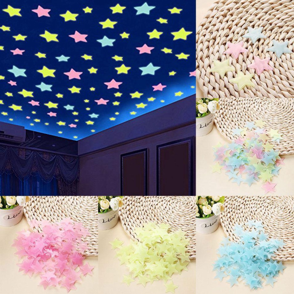Bộ 100 Ngôi Sao Dạ Quang 3D Phát Sáng Trong Đêm Trang Trí Phòng Ngủ
