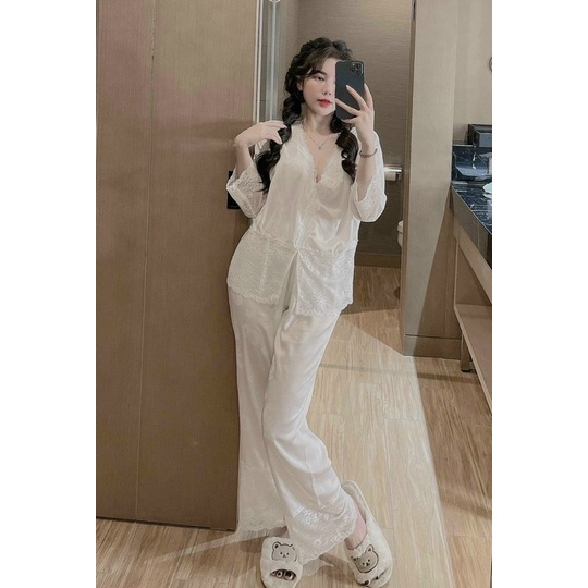Bộ Pijama cổ  ren Màu Hồng, đồ bộ cọc tay mặc nhà cực ngọt Chất lụa siêu mềm