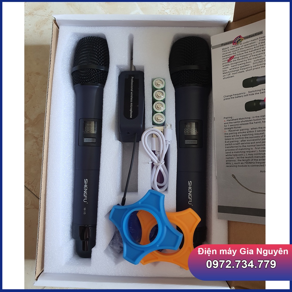 Micro hát karaoke W15 2 tay mic hút âm nhạy, micro đa năng, micro cho loa kéo, loa bluetooth