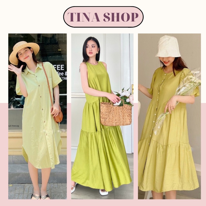 Đầm Xanh Bơ Váy Sơ Mi Suông, Babydoll Dài Phom Rộng 3 Tầng, Phom Freesize Dưới 60kg, Váy Đũi Mềm Mát Mùa Hè