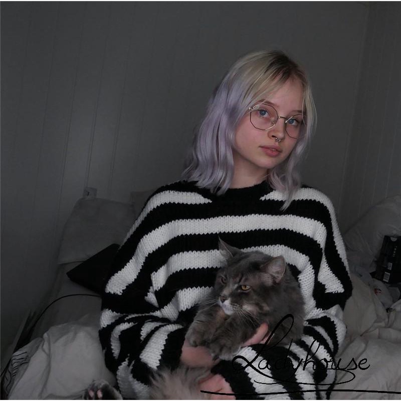 Áo Croptop Dệt Kim Cổ Tròn Dáng Rộng Họa Tiết Kẻ Sọc Trắng Đen S / M Cho Nữ