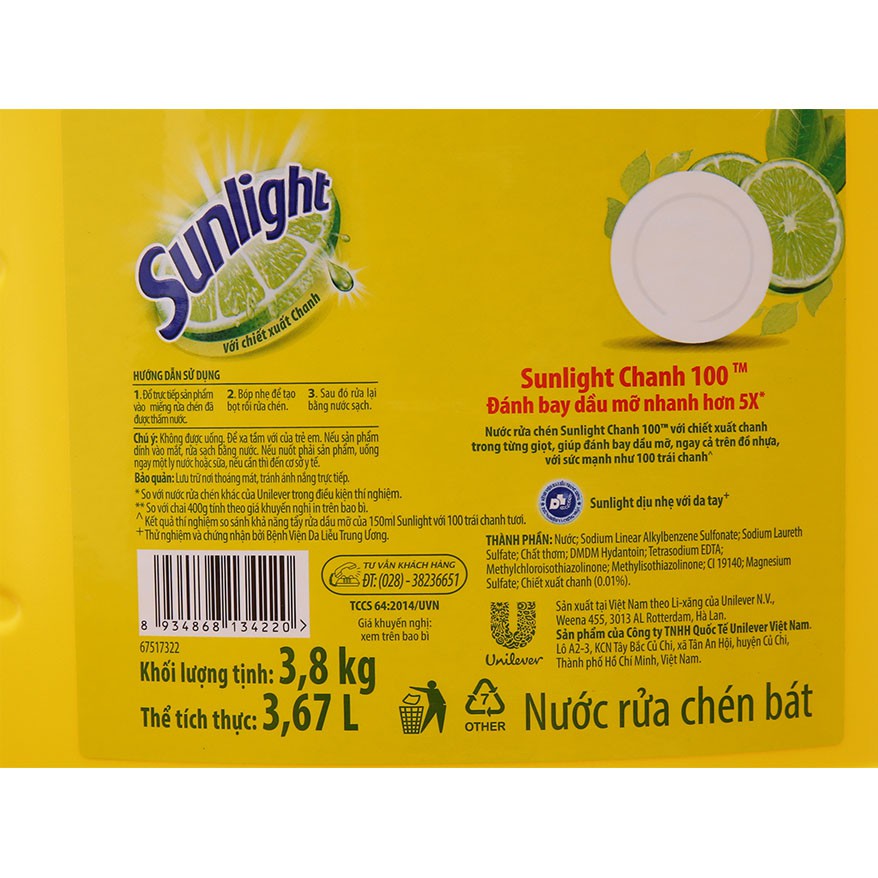 Nước Rửa Chén Bát Sunlight Chanh 100 Với Chiết Xuất Chanh Can 3,8kg (Sức mạnh như 100 trái chanh)