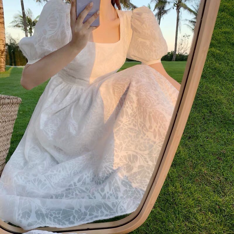 Váy trắng tay phồng retro vintage hở lưng - Đầm trắng dài dự tiệc prom kỷ yếu đi biển gía rẻ