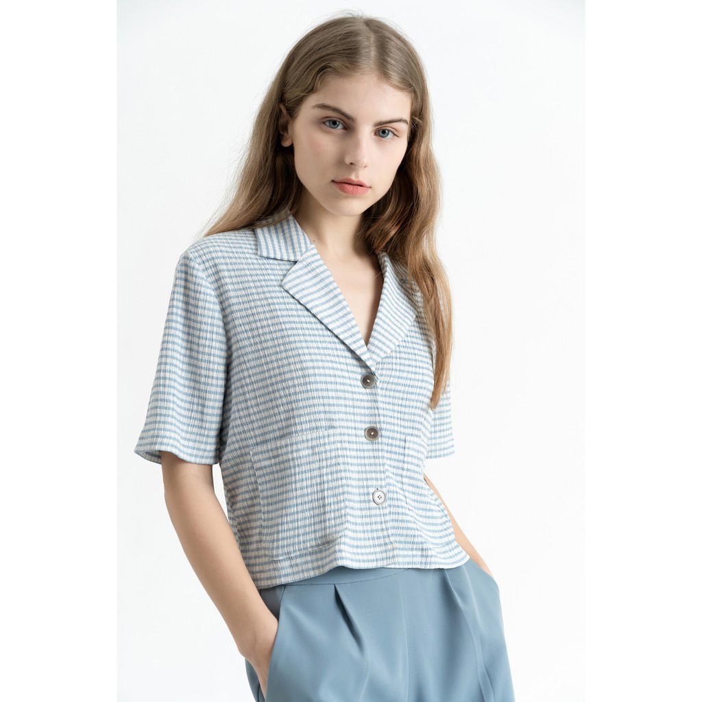 Áo khoác nữ KHÂU BY CQ tay ngắn màu xanh caro Croped Short Sleeve Blazer
