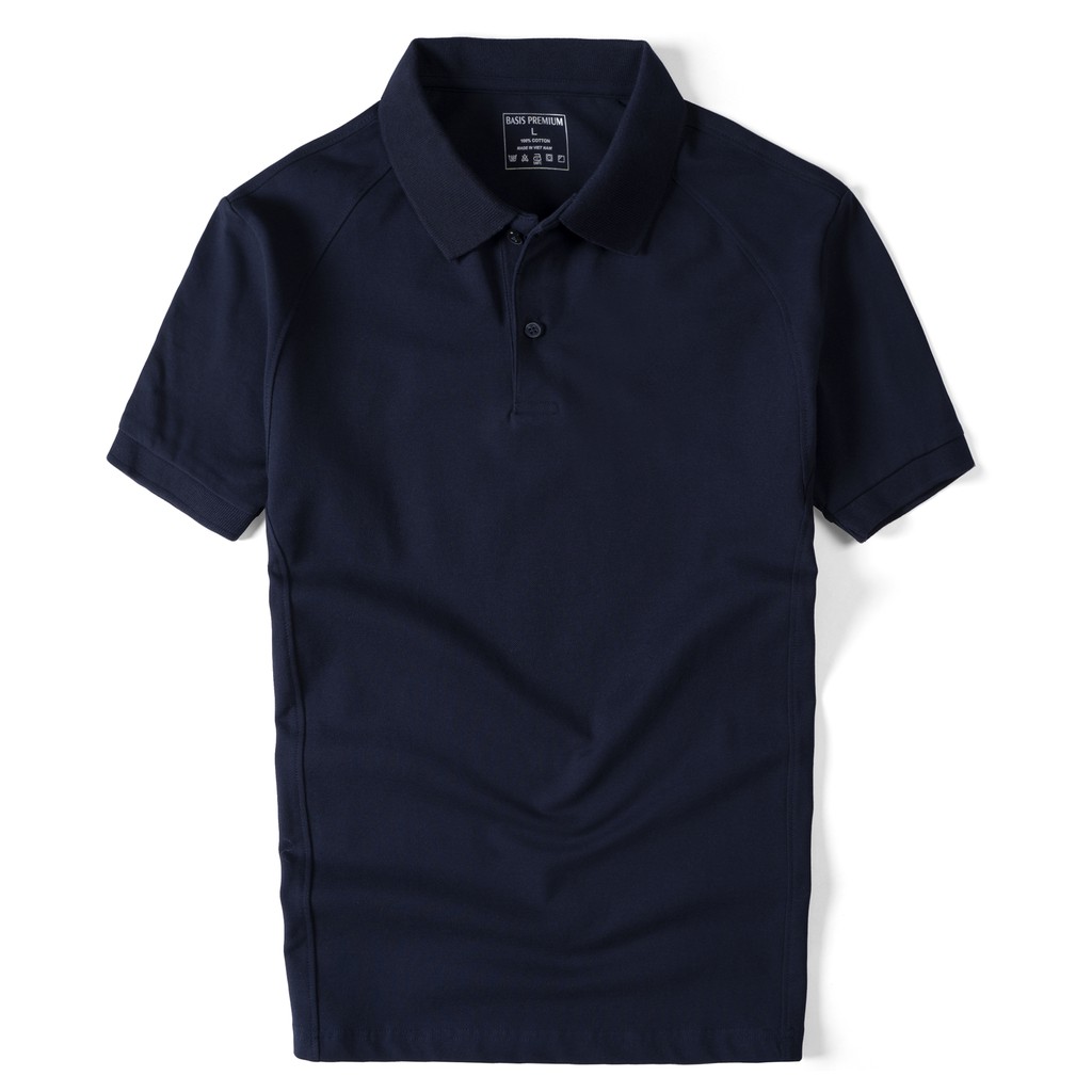 Áo polo nam màu xanh lịch lãm trơn phối gân dọc Basis đơn giản, vải cotton BASIS APL37