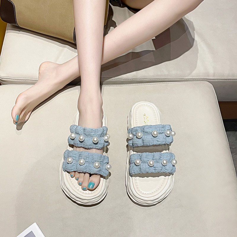 Dép Đế Bằng Đính Ngọc Trai Thời Trang Đơn Giản Cho Nữ