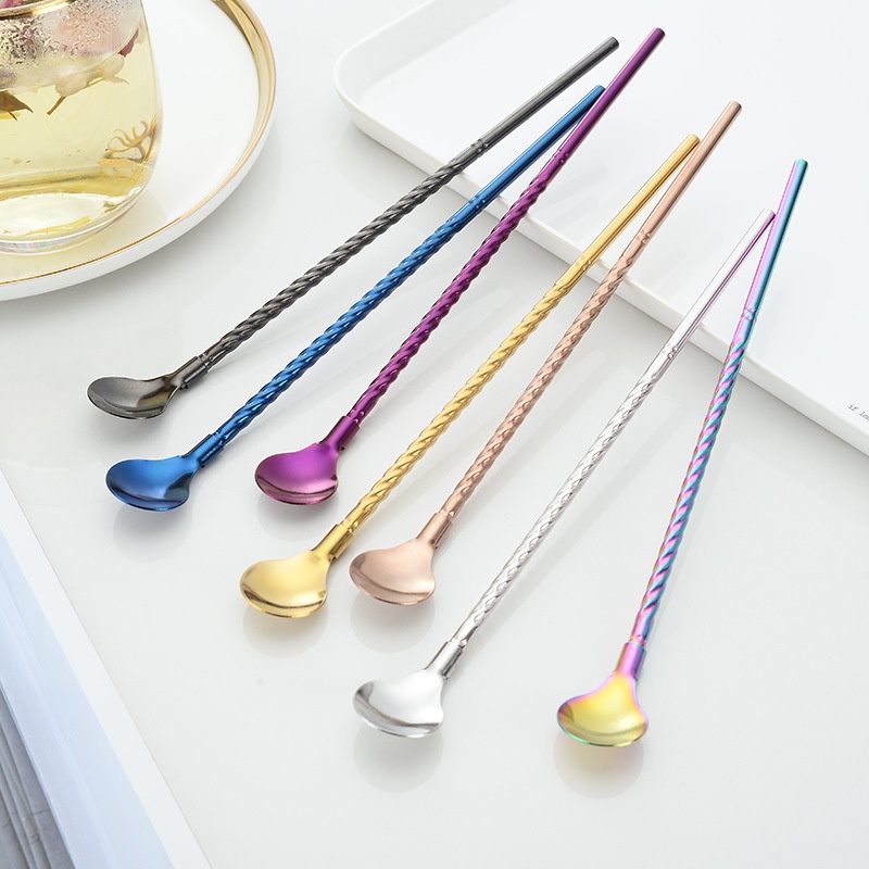 Muỗng ống hút khuấy đồ uống tay cầm dài 21.5cm có ren bằng thép không gỉ sáng tạo tiện lợi