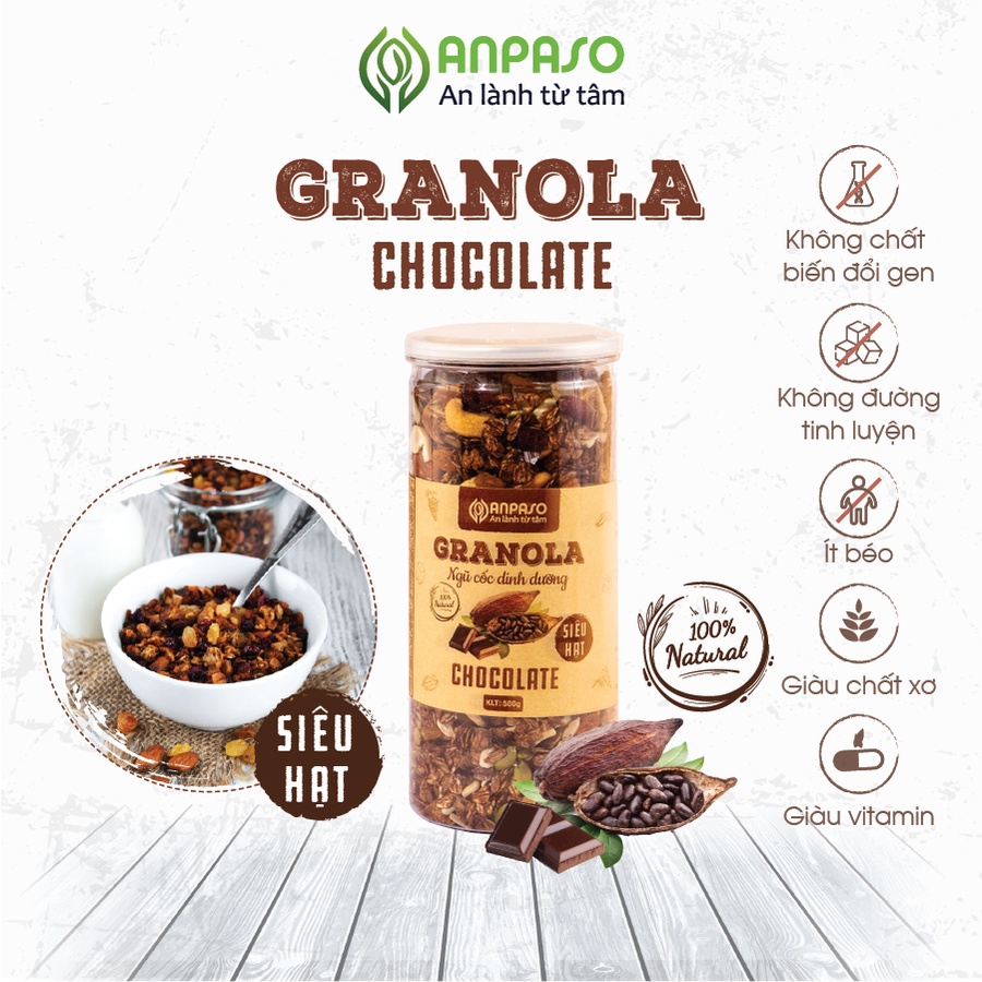 Granola Vị Chocolate Siêu Hạt Anpaso Ăn Kiêng,Giảm Cân,Eat Clean bổ sung dinh dưỡng, giữ vóc dáng, tốt cho tim mạch 500g