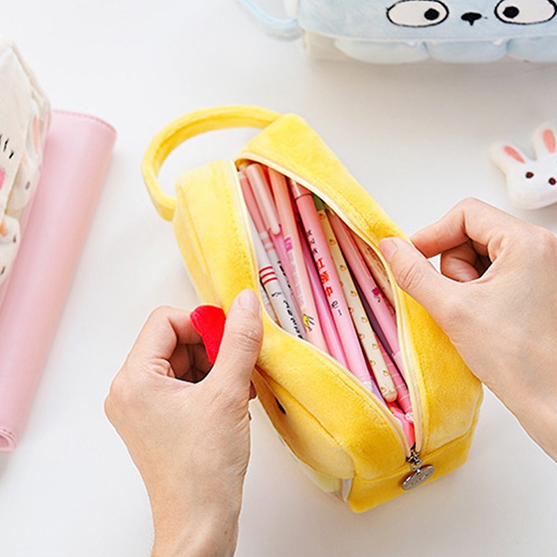Túi Đựng Bút Chì Bằng Lông Nhung Sức Chứa Lớn In Hình Heo/Cáo Hoạt Hình Dễ Thương Cho Nữ Sinh