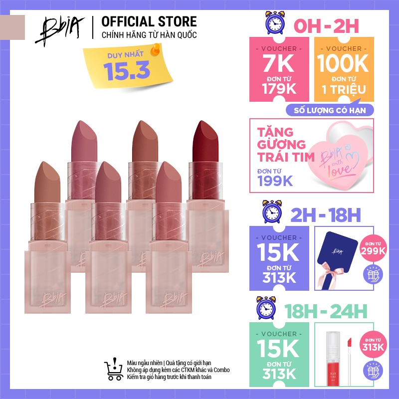 Son Thỏi Lì Bbia Last Powder Lipstick Version 2 6 màu 3.5g