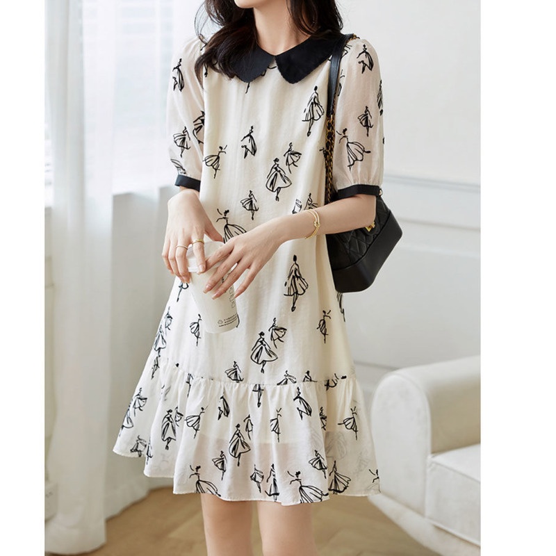 Đầm RENJIANVSHENG 15423 tay ngắn cổ búp bê màu sắc tương phản xinh xắn