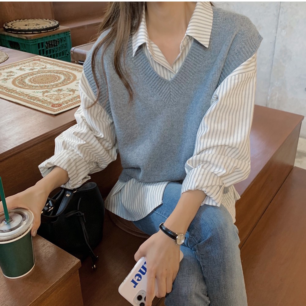 Áo sơ mi dài tay kẻ sọc/ Áo khoác không tay cổ chữ V màu trơn Peppermint 38053 xinh xắn dành cho nữ